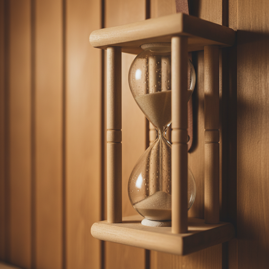 Sauna Dauer pro Gang: Klassische Sanduhr mit rieselndem Sand in der Saunakabine – der Körper gibt bessere Signale als die Uhr