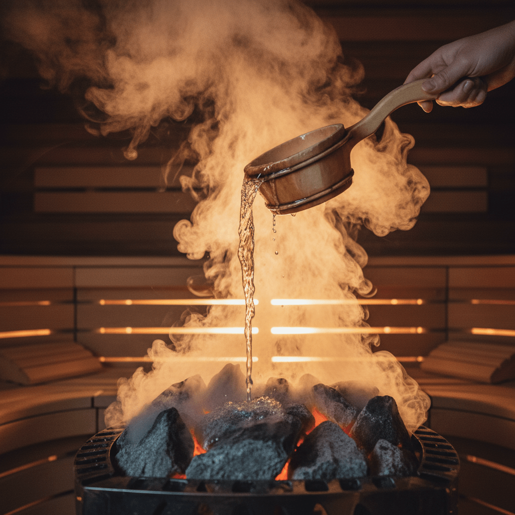 Saunaaufguss: Wasser trifft auf glühende Saunasteine – der Moment wenn der Löyly entsteht und Dampf aufsteigt