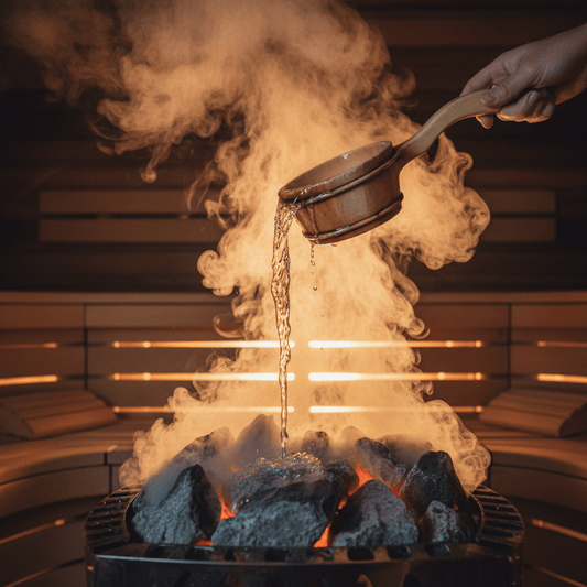 Saunaaufguss: Wasser trifft auf glühende Saunasteine – der Moment wenn der Löyly entsteht und Dampf aufsteigt