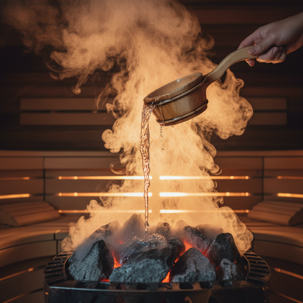 Saunaaufguss: Wasser trifft auf glühende Saunasteine – der Moment wenn der Löyly entsteht und Dampf aufsteigt