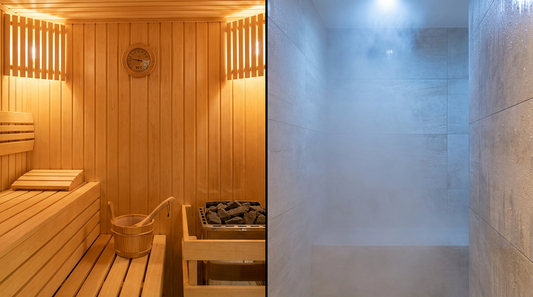 Vergleich der Sauna-Arten: Finnische Holzsauna gegen nebliges Dampfbad.
