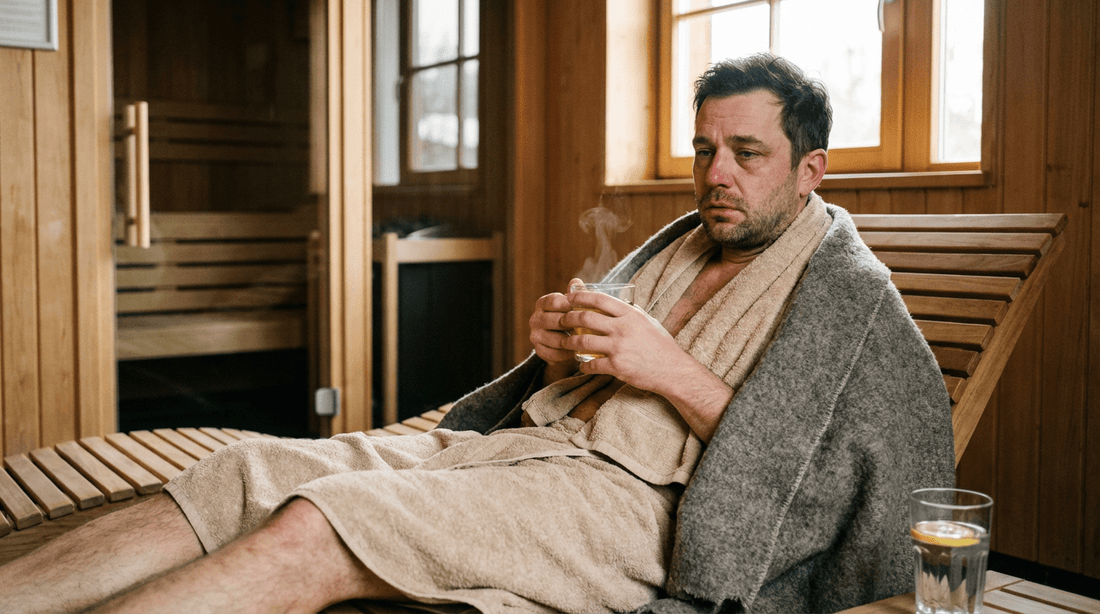 Mann mit Schnupfen ruht sich vor der Sauna aus und trinkt Tee statt in die heiße Kabine zu gehen
