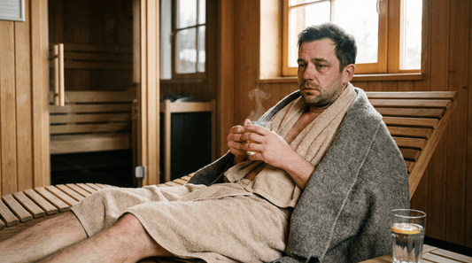 Mann mit Schnupfen ruht sich vor der Sauna aus und trinkt Tee statt in die heiße Kabine zu gehen