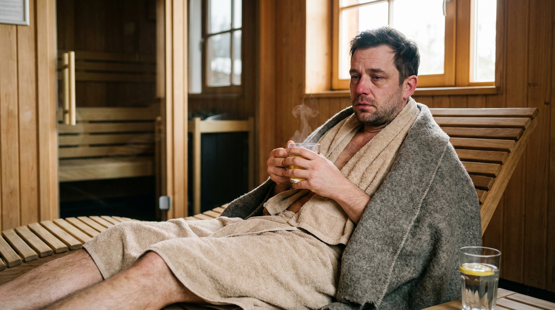 Mann mit Schnupfen ruht sich vor der Sauna aus und trinkt Tee statt in die heiße Kabine zu gehen