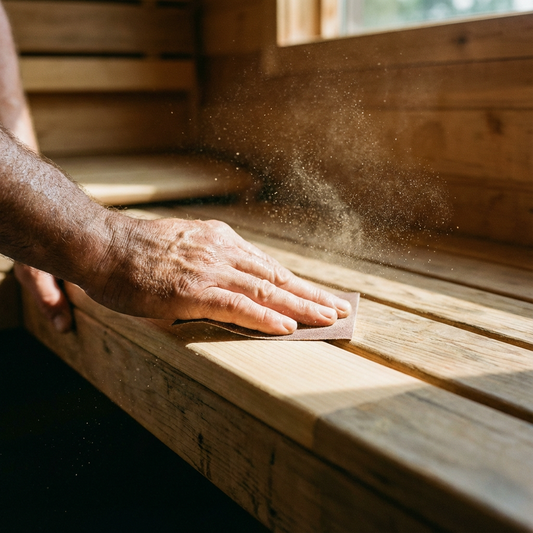 Sauna reinigen: Schweißflecken durch Abschleifen des Holzes entfernen.