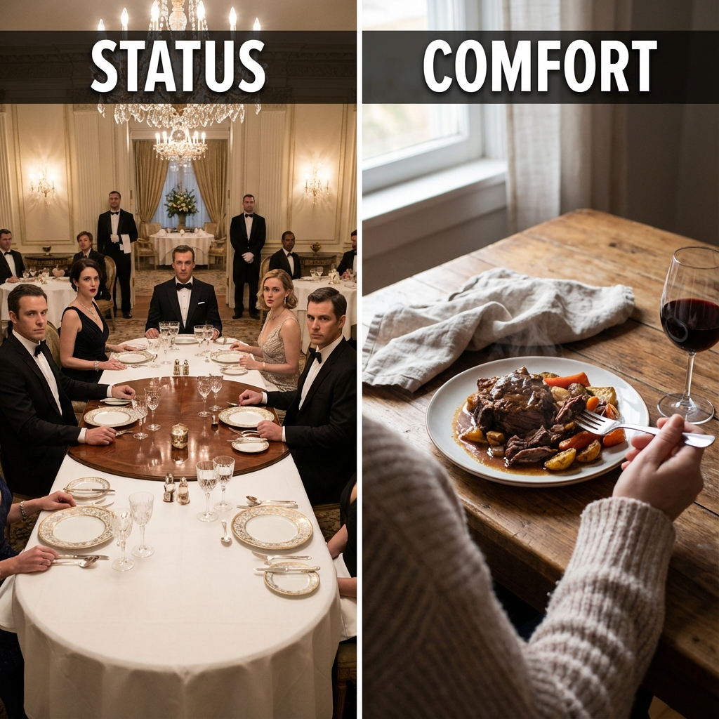 Wellnesshotel Vergleich: Teures Prestige-Essen vs. gemütliches A la Carte Dinner.