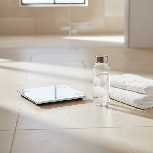 Sauna abnehmen: Personenwaage neben Saunahandtuch und Wasserflasche – der Gewichtsverlust nach der Sauna ist hauptsächlich Wasserverlust