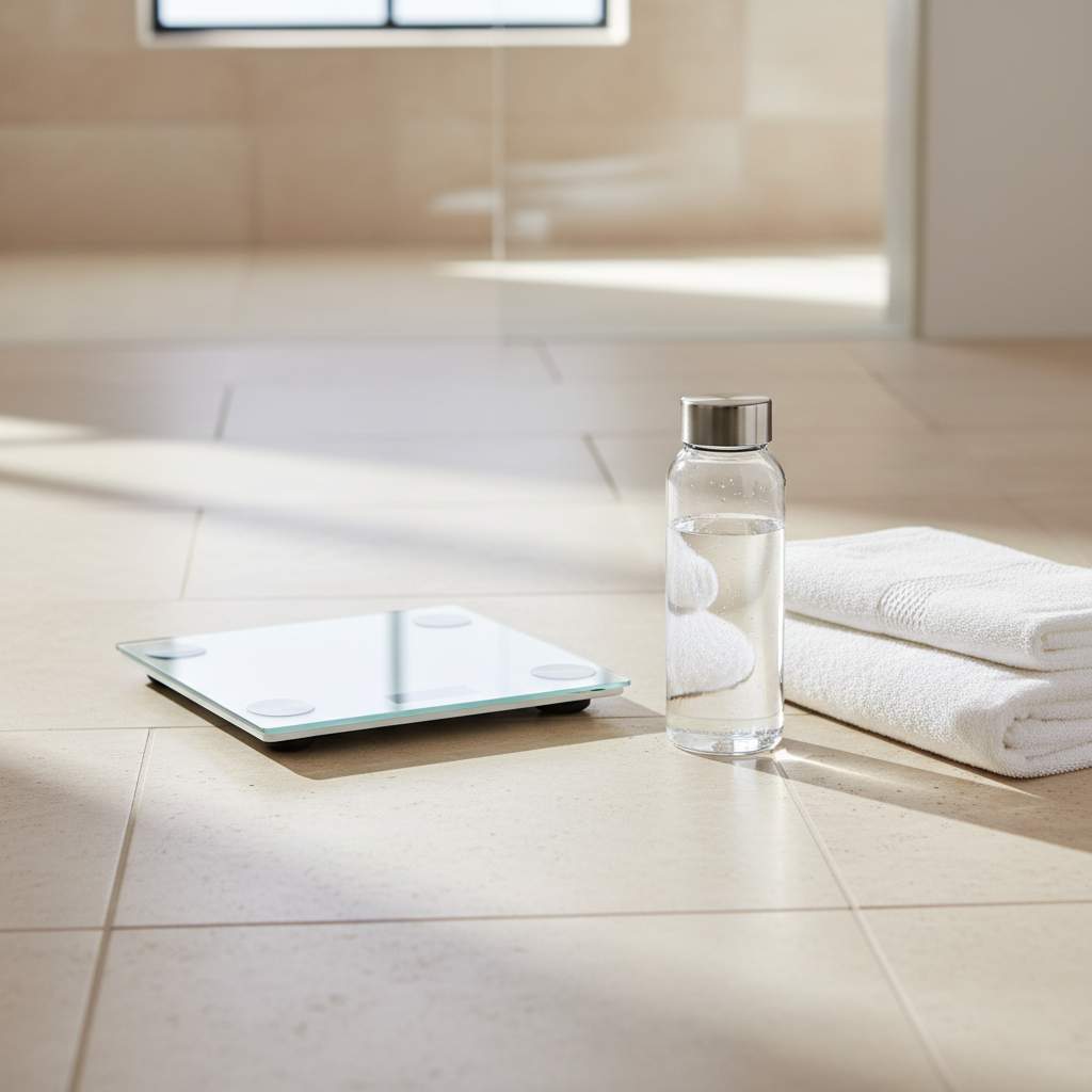 Sauna abnehmen: Personenwaage neben Saunahandtuch und Wasserflasche – der Gewichtsverlust nach der Sauna ist hauptsächlich Wasserverlust