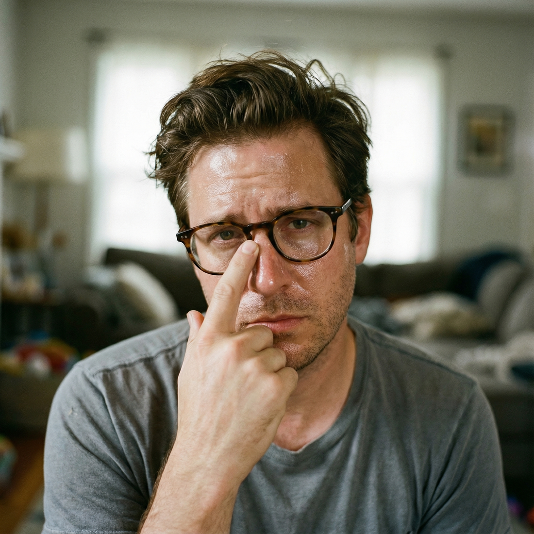 Nahaufnahme eines Mannes, der sich genervt die rutschende Brille auf der glänzenden, fettigen Nase zurechtschiebt.