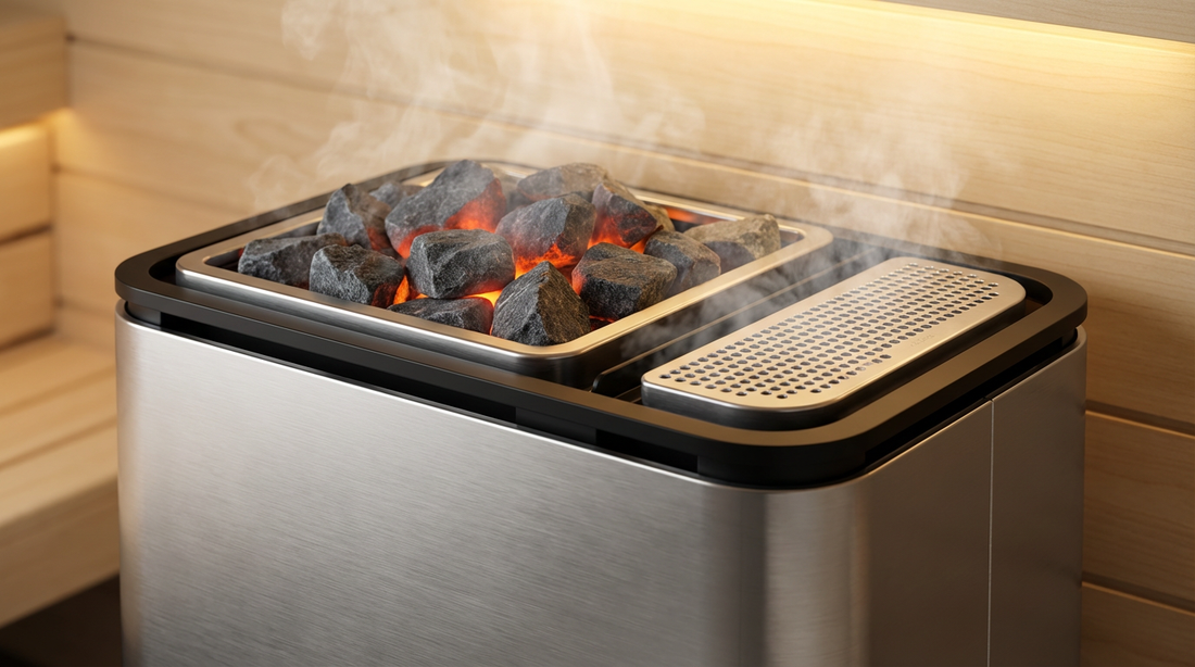 Bio Saunaofen mit Verdampfer in Betrieb zeigt glühende Saunasteine und aufsteigenden Dampf für finnisches und Sanarium Erlebnis