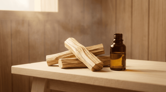 Sandelholz ätherisches Öl in Glasflasche neben edlen Sandelholzstücken auf Saunabank – Luxusduft für Meditation und Entspannung