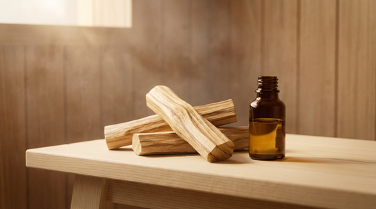 Sandelholz ätherisches Öl in Glasflasche neben edlen Sandelholzstücken auf Saunabank – Luxusduft für Meditation und Entspannung