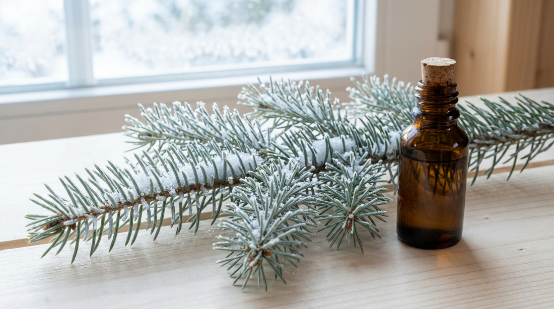 Weißtanne ätherisches Öl in dunkler Glasflasche neben verschneitem Tannenzweig auf hellem Saunaholz – edler Waldduft für den Saunaaufguss