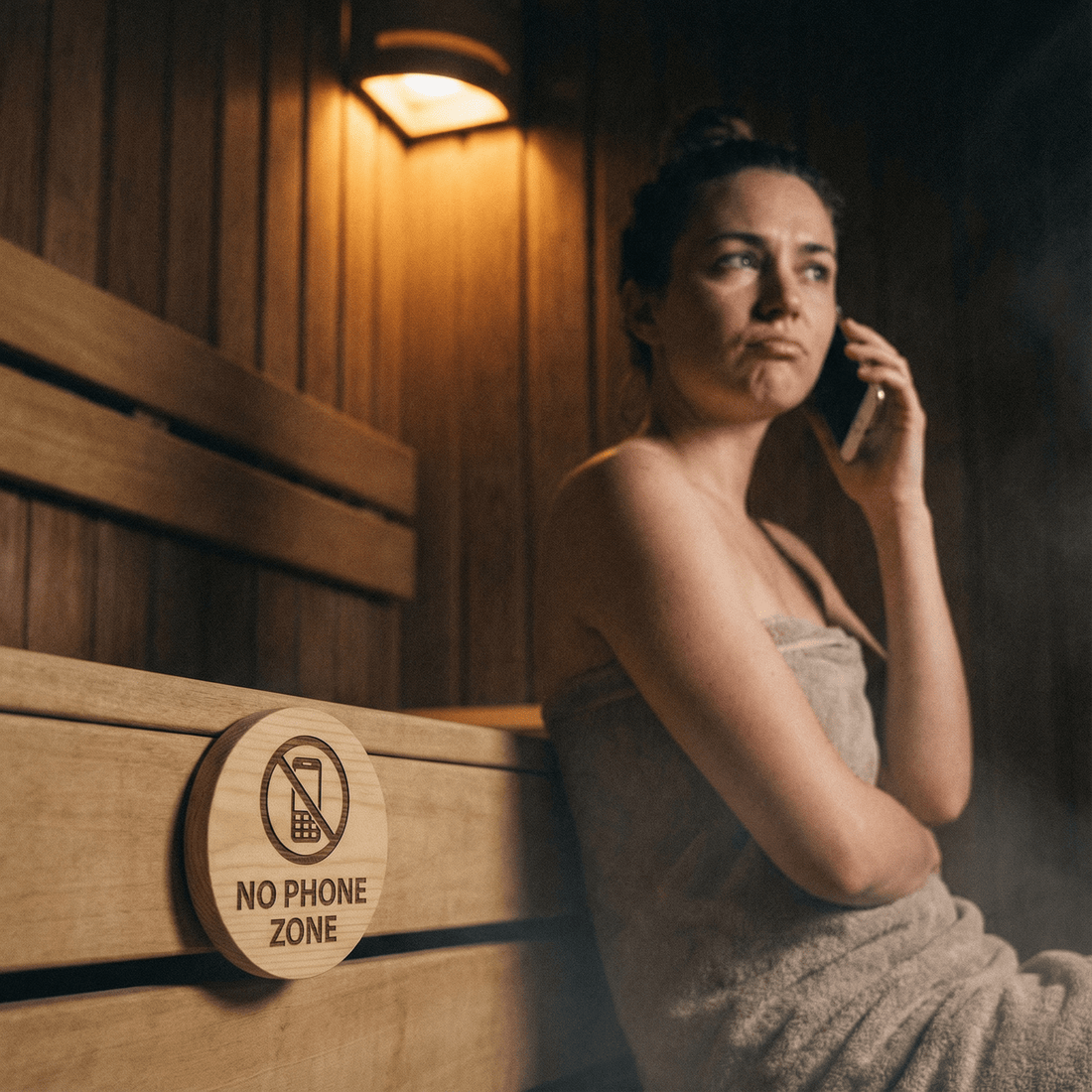 Absolutes Sauna No-Go: Telefonieren in der Kabine stört die Ruhe.