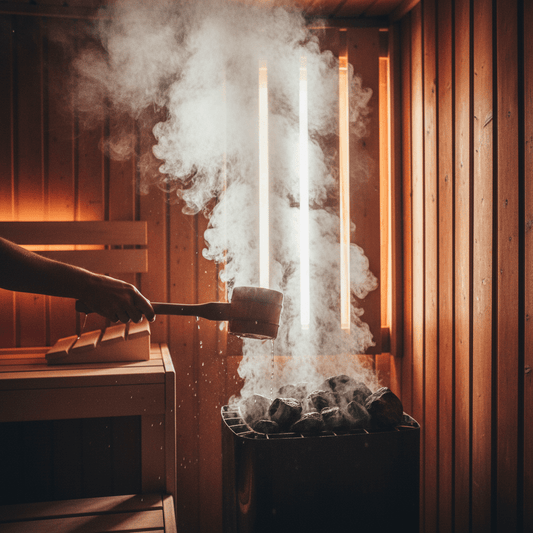 Aufsteigender Wasserdampf (Löyly) beim perfekten Saunaaufguss auf heißen Steinen.