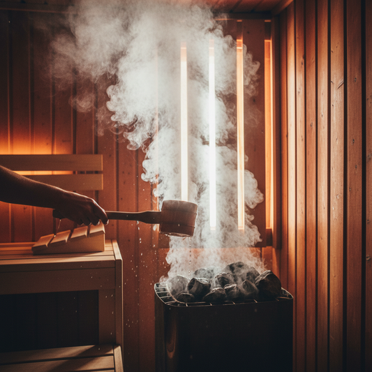 Aufsteigender Wasserdampf (Löyly) beim perfekten Saunaaufguss auf heißen Steinen.