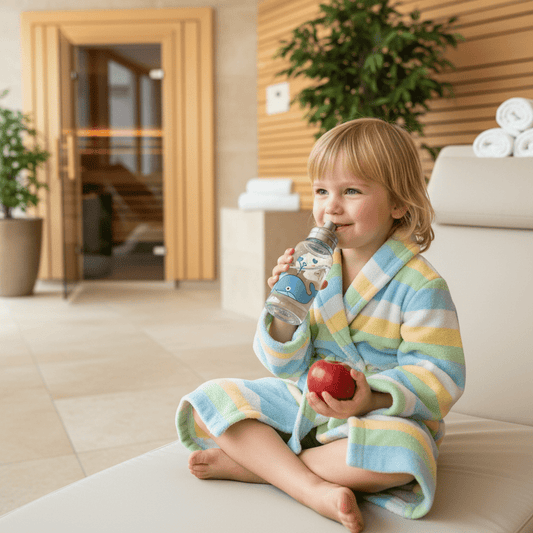 Sauna mit Kindern: Fröhliches Kind im Bademantel trinkt Wasser nach dem Saunagang – Flüssigkeit und Pausen sind für kleine Saunagänger besonders wichtig