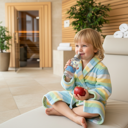 Sauna mit Kindern: Fröhliches Kind im Bademantel trinkt Wasser nach dem Saunagang – Flüssigkeit und Pausen sind für kleine Saunagänger besonders wichtig