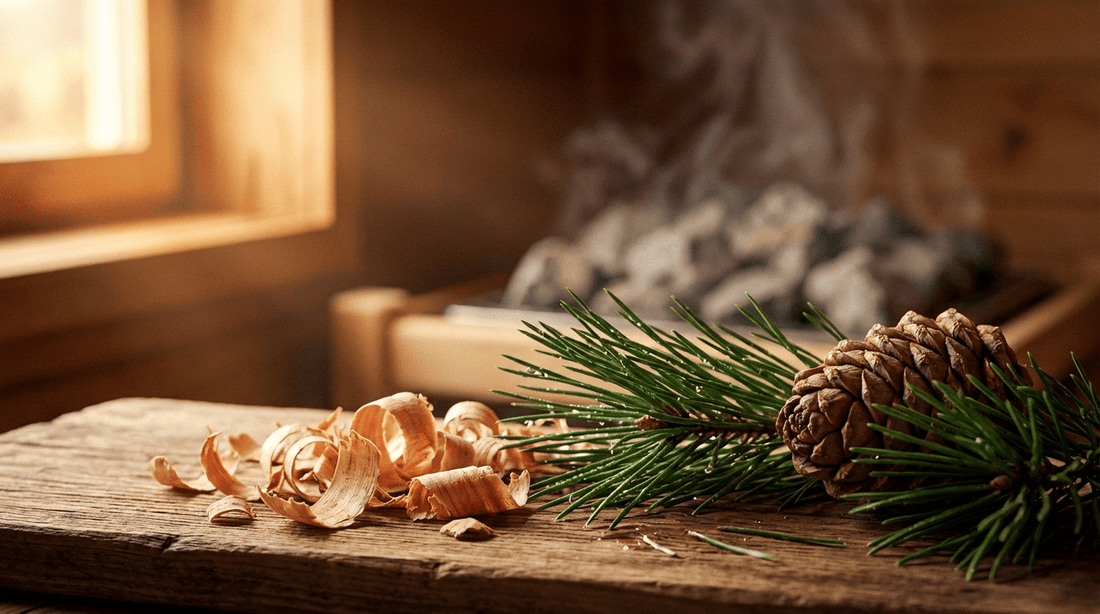 Zirbelkiefer öl Zutaten in der Sauna – Zirbenholz, Nadeln und Zapfen mit warmem Dampf im Hintergrund