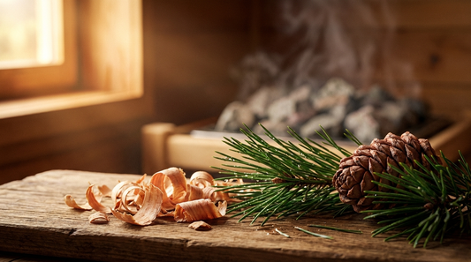 Zirbelkiefer öl Zutaten in der Sauna – Zirbenholz, Nadeln und Zapfen mit warmem Dampf im Hintergrund