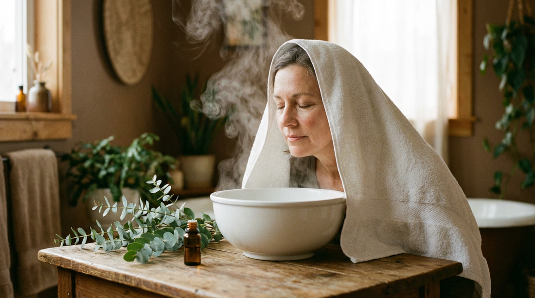 Person inhaliert mit Handtuch über Kopf über dampfender Schüssel mit Eukalyptus als Alternative zum Saunabesuch bei Nasennebenhöhlenentzündung