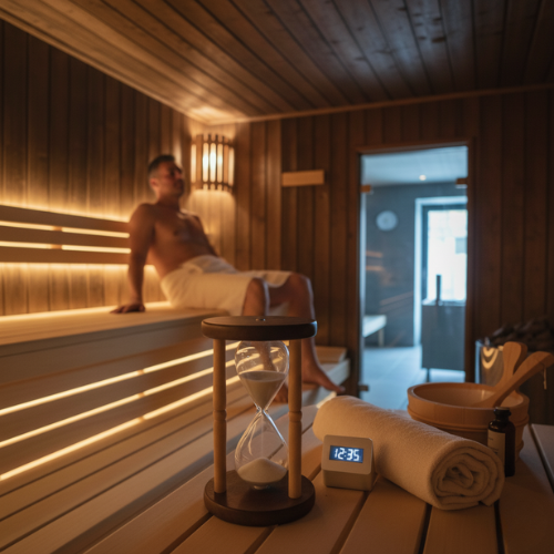 Mann in der sauna mit sanduhr und handtuch