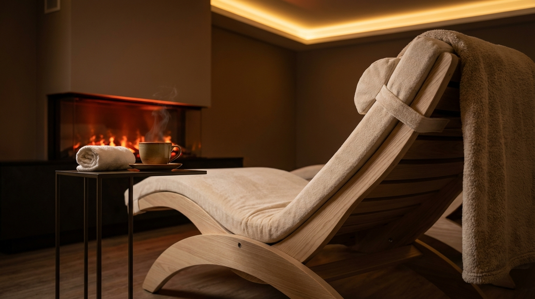 Gemütlicher Ruheraum mit Kaminfeuer und warmem Tee für die perfekte Regeneration
