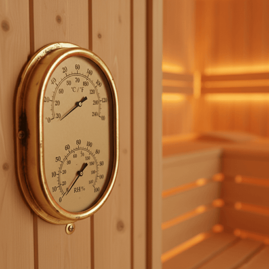 Klassisches Sauna Thermometer und Hygrometer aus Holz an der Saunawand – analoge Messgeräte für Temperatur und Luftfeuchtigkeit