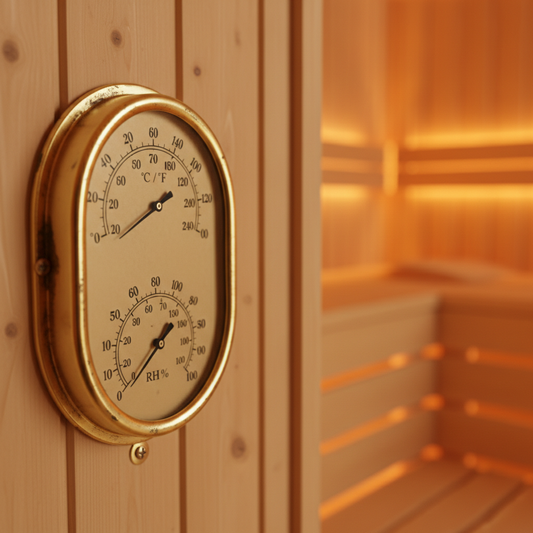 Klassisches Sauna Thermometer und Hygrometer aus Holz an der Saunawand – analoge Messgeräte für Temperatur und Luftfeuchtigkeit