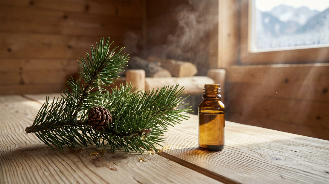 Latschenkiefer ätherisches Öl in Glasflasche neben frischem Latschenkiefer-Zweig mit Zapfen auf rustikalem Saunaholz – kraftvoller Alpenduft für den Saunaaufguss