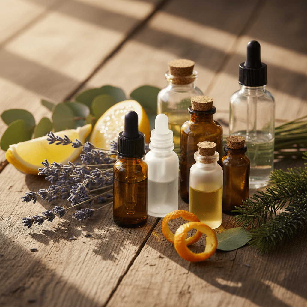 Ätherische Öle Sauna Wirkung: Verschiedene Glasflaschen mit naturreinen Ölen neben frischen Kräutern wie Lavendel, Zitrus und Eukalyptus auf Holz