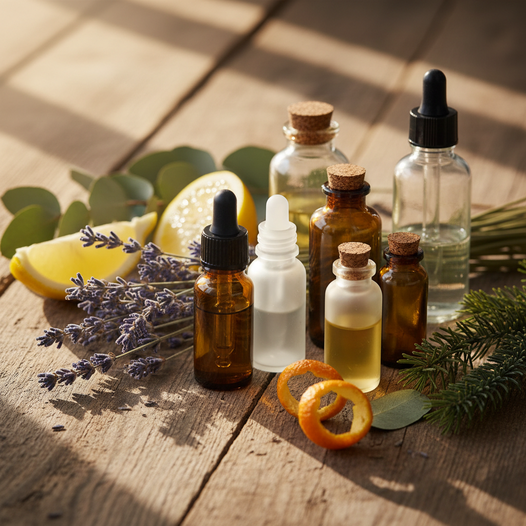 Ätherische Öle Sauna Wirkung: Verschiedene Glasflaschen mit naturreinen Ölen neben frischen Kräutern wie Lavendel, Zitrus und Eukalyptus auf Holz