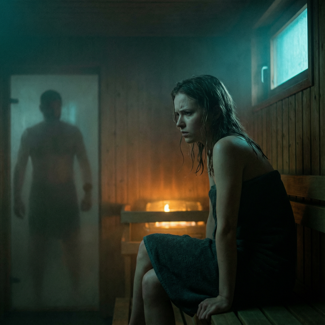 Eine Frau fühlt sich in der Sauna durch Blicke beobachtet und unwohl.