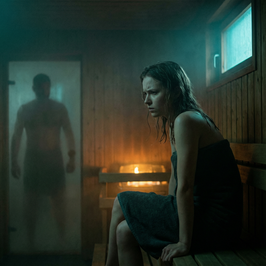 Eine Frau fühlt sich in der Sauna durch Blicke beobachtet und unwohl.