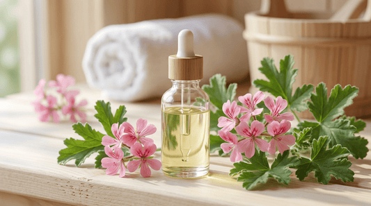 Geraniumöl ätherisches Öl in Glasflasche mit frischen rosa Geranienblüten und grünen Blättern auf hellem Saunaholz für ausgleichenden Saunaaufguss