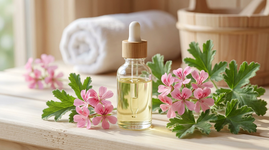 Geraniumöl ätherisches Öl in Glasflasche mit frischen rosa Geranienblüten und grünen Blättern auf hellem Saunaholz für ausgleichenden Saunaaufguss