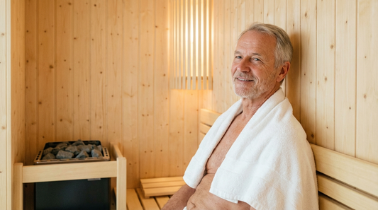 Ältere Person entspannt lächelnd in heller Bio-Sauna als Beispiel für sicheres Saunieren mit chronischer Erkrankung