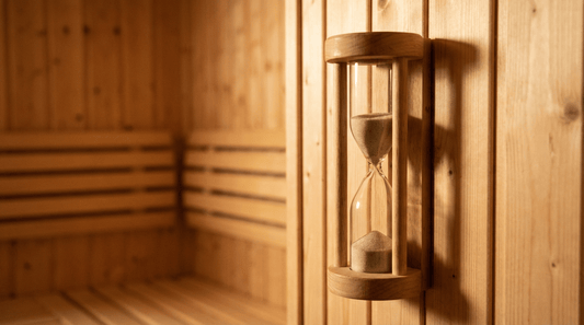 Sanduhr in der Sauna zeigt ideale Dauer von 8 bis 10 Minuten für Anfänger.