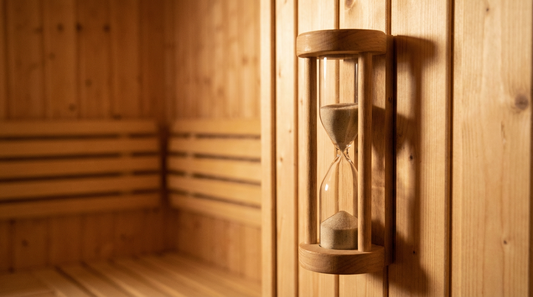 Sanduhr in der Sauna zeigt ideale Dauer von 8 bis 10 Minuten für Anfänger.