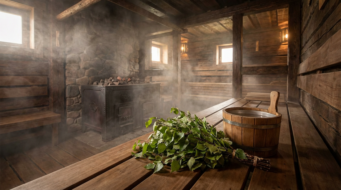 Traditionelle russische Banja mit Birkenzweigen (Wenik) und viel Dampf.