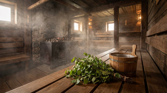 Traditionelle russische Banja mit Birkenzweigen (Wenik) und viel Dampf.