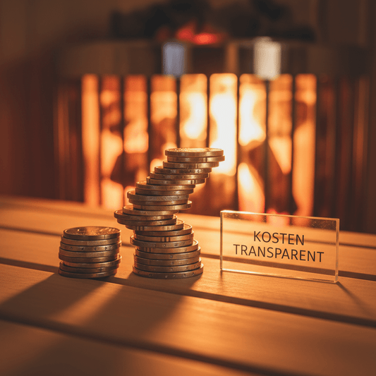 Gestapelte Münzen auf der Saunabank symbolisieren geringe Betriebskosten pro Gang.