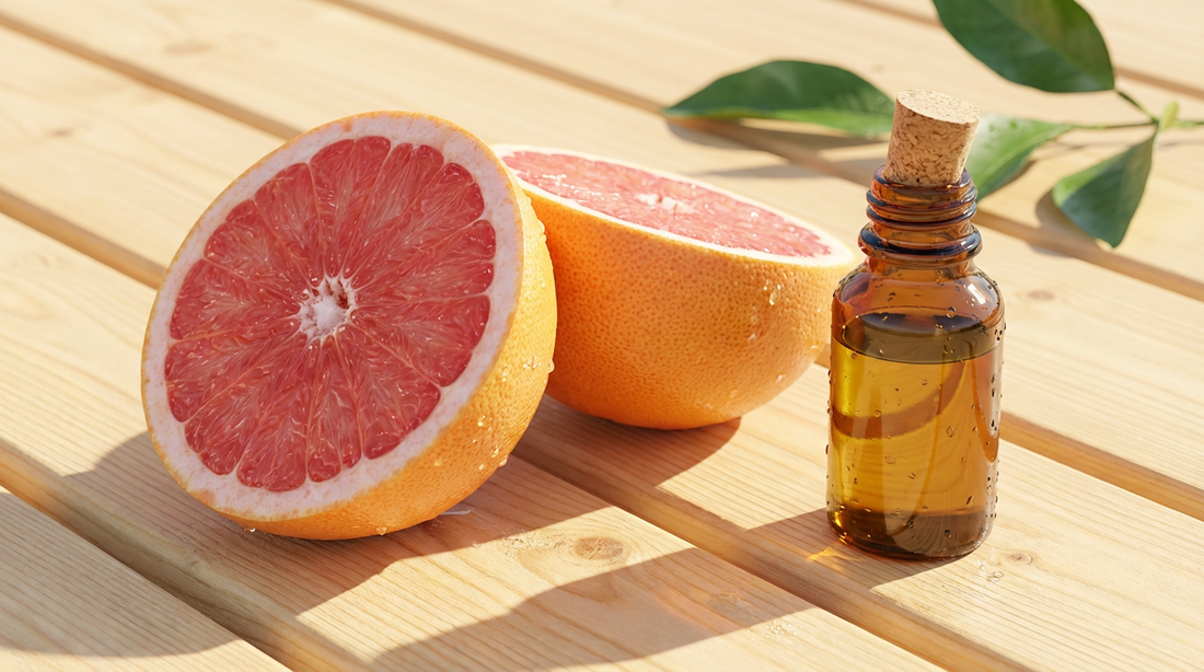Grapefruit ätherisches Öl in Glasflasche neben aufgeschnittener rosa Grapefruit mit Wassertropfen auf hellem Saunaholz – spritziger stimmungsaufhellender Duft für den Saunaaufguss