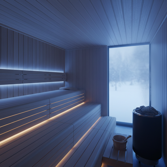 Sauna mit blauer LED-Beleuchtung für entspannende Farblichttherapie – modernes multisensorisches Wellness-Erlebnis