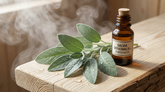 Salbei ätherisches Öl in dunkler Glasflasche neben frischen samtigen Salbeiblättern auf rustikalem Saunaholz – würzig-klärender Kräuterduft für den Saunaaufguss