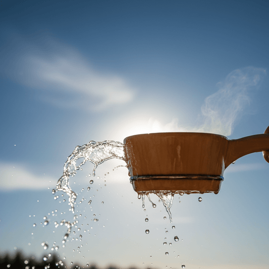 Saunakelle mit Wasser vor blauem Sommerhimmel symbolisiert Abkühlung.