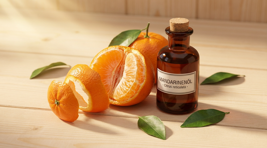 Mandarine ätherisches Öl in dunkler Glasflasche neben frischen Mandarinen auf hellem Saunaholz – süßer fruchtiger Saunaaufguss für Entspannung