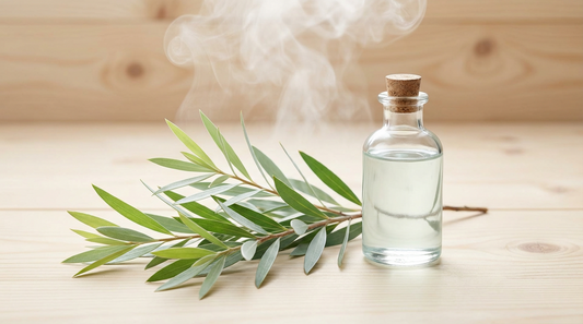 Cajeput ätherisches Öl in Glasflasche mit frischen Cajeputzweigen auf hellem Saunaholz für klärenden Saunaaufguss bei Erkältung