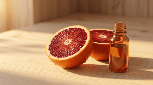 Blutorange ätherisches Öl in Glasflasche neben aufgeschnittenen tiefroten Blutorangen auf hellem Saunaholz mit warmem Sonnenlicht