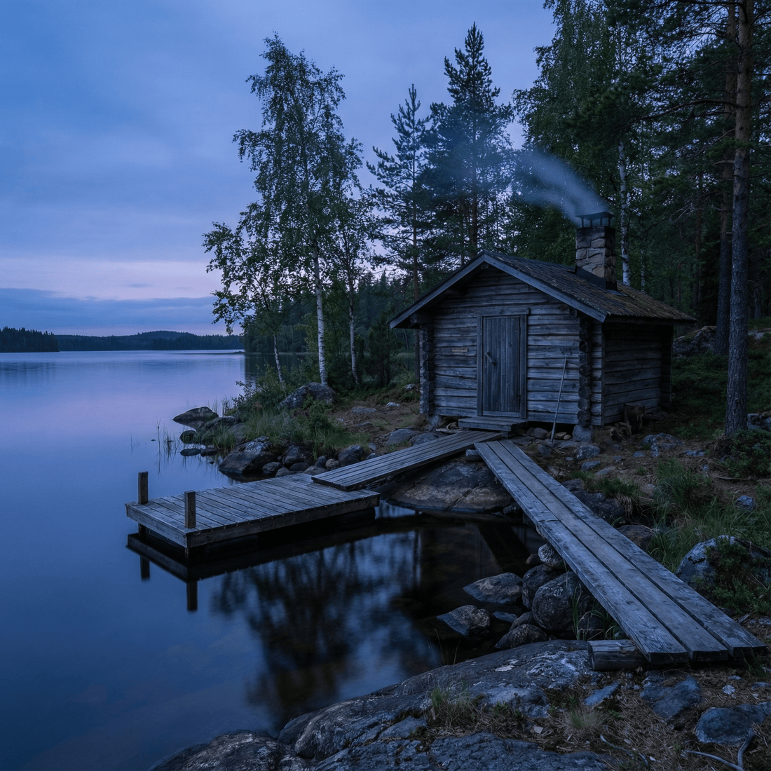 Eine traditionelle holzbeheizte Blockhaus-Sauna an einem finnischen See in der Dämmerung.